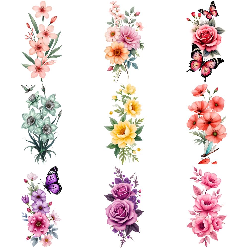 9 Stück Blumen Temporäre Tattoos für Männer Frauen Pflanze Narzisse Rose Pfingstrose Fake Tattoo Aufkleber Wasserdicht Körper Arm Tattoo Aufkleber