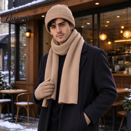 Soft Non Scratchy Winter Warmth Kit Men Knitted Hat Scarf Gloves Set, Solid Color Beanies, Warm Cozy Gift for Knit Cold Weather, Outdoor Skiing Daily