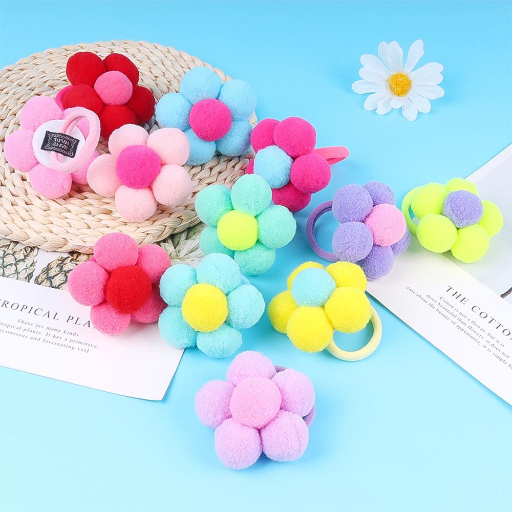 2pcs New Fur Flower Elastic Girl Womens Ponytail Holders Plush Ball Hair Ring Elastic Hair Rope Hair Tie Accessories Pompom