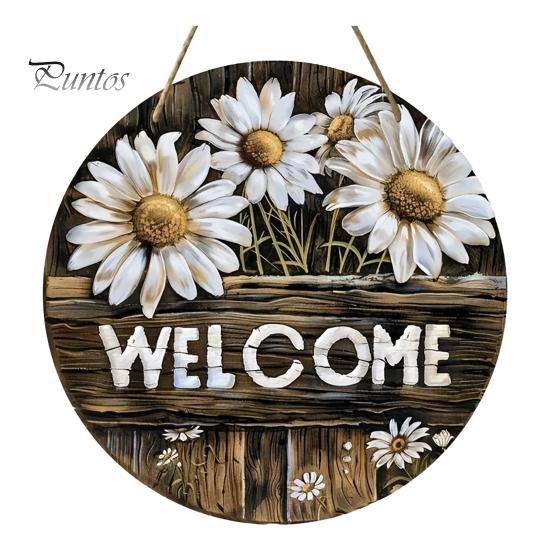 Decorative Wood Sign for Porch Wooden Daisy Welcome Front Door, Rustic Farmhouse Hanging Wall Decor Floral Art with Hemp Rope, Plaque Home Entrance
