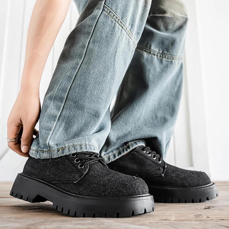Fashion Men Black Canvas Thick Soled Oxford Shoes Lace Up Thick Soled Casual Shoes Retro Streetwear Style Designer Shoes 2025 Slippers