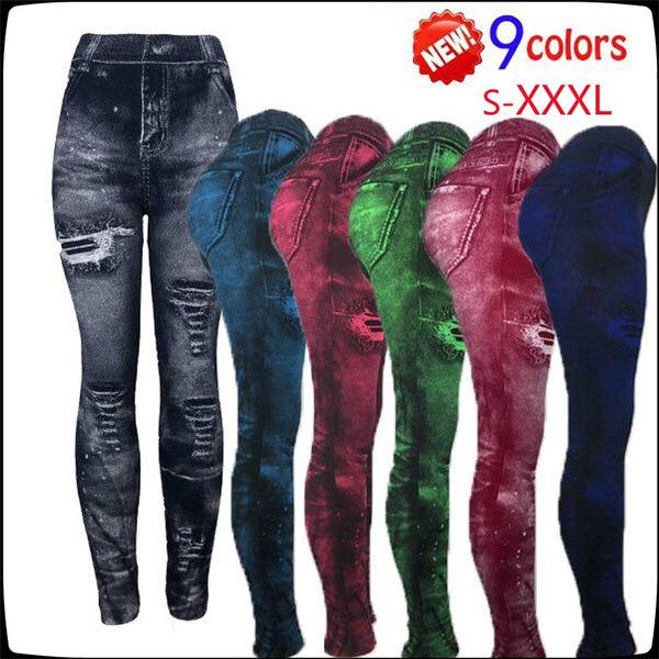 8 Colors Available! Women's Super Elastic Nine-Point Imitation Denim Leggings