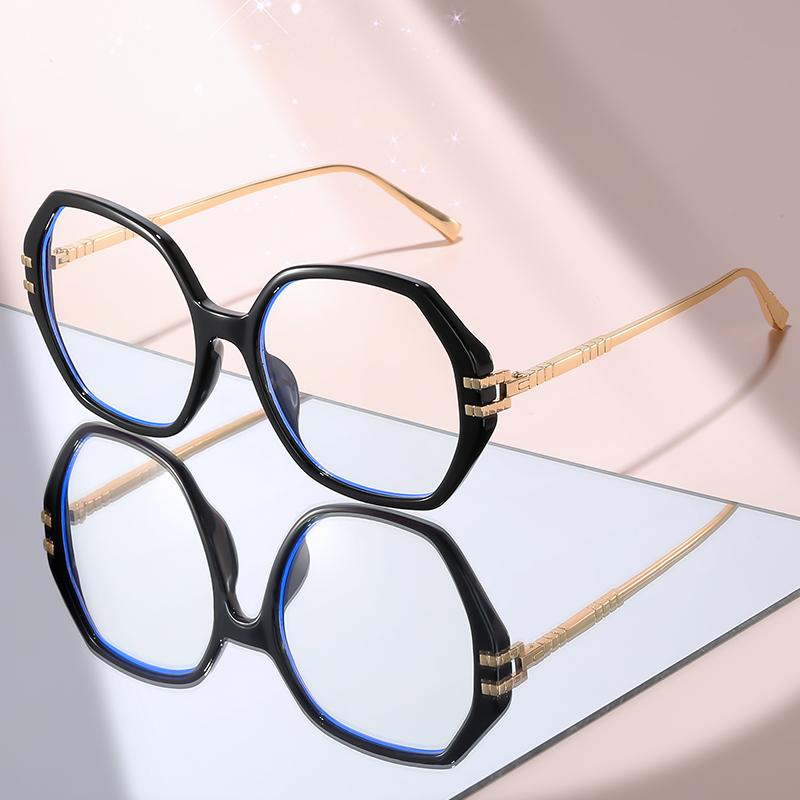 Trendy Geometric Blue Light Blocking Glasses: Black Frame with Gold Temples, Anti-Blue Light Eyewear for Office & Daily Use