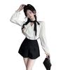 Chic Black & White French V-Neck Bow Shirt with High-Waisted Shorts Set