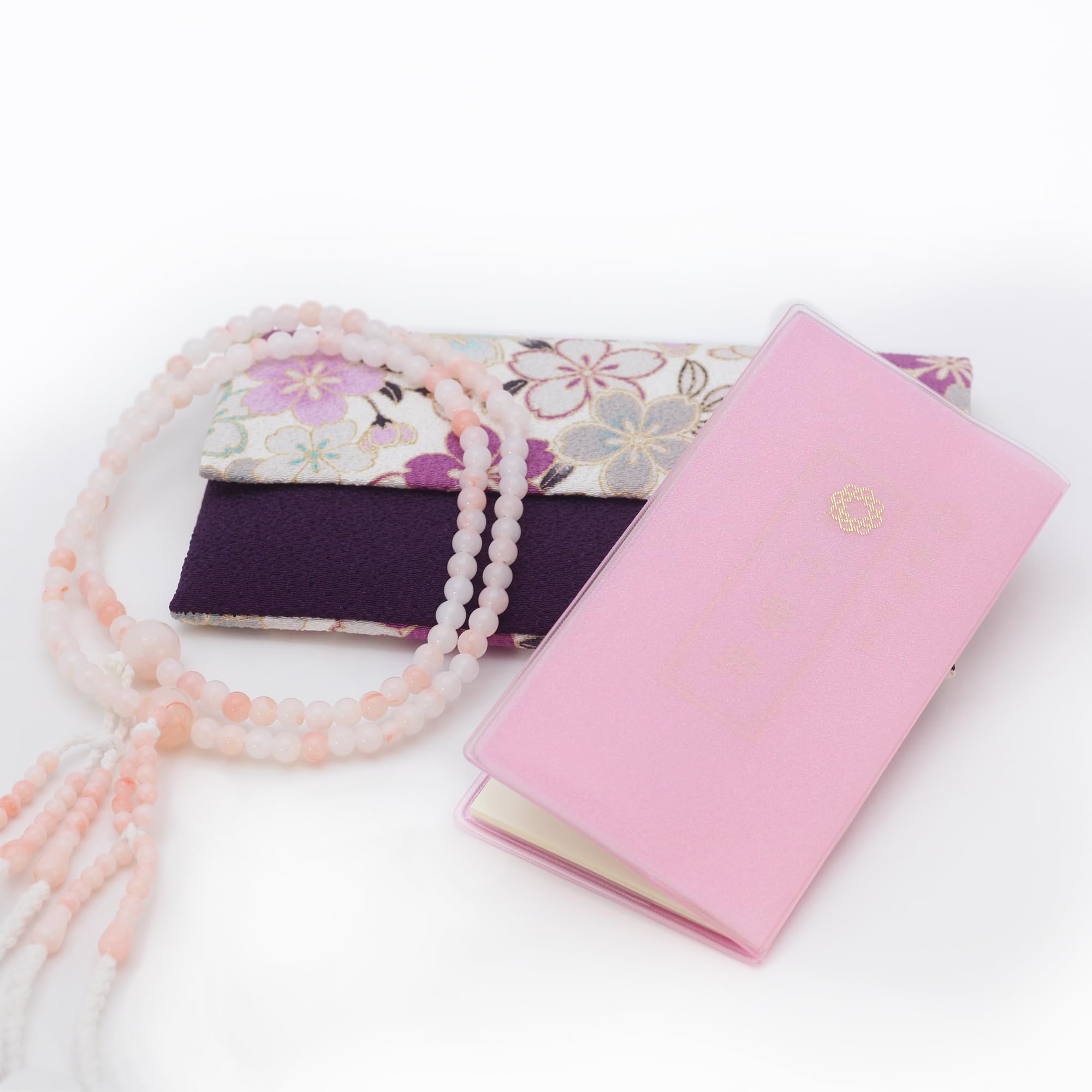 

Made in Japan: Soka Gakkai prayer beads, a gift for new members, a 3-piece set for women, a purple prayer bead case with a large cherry blossom