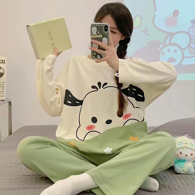 Women's Korean Smiley Face Cartoon Pajamas Set – Long-Sleeved Pullover & Trousers for Autumn/Winter