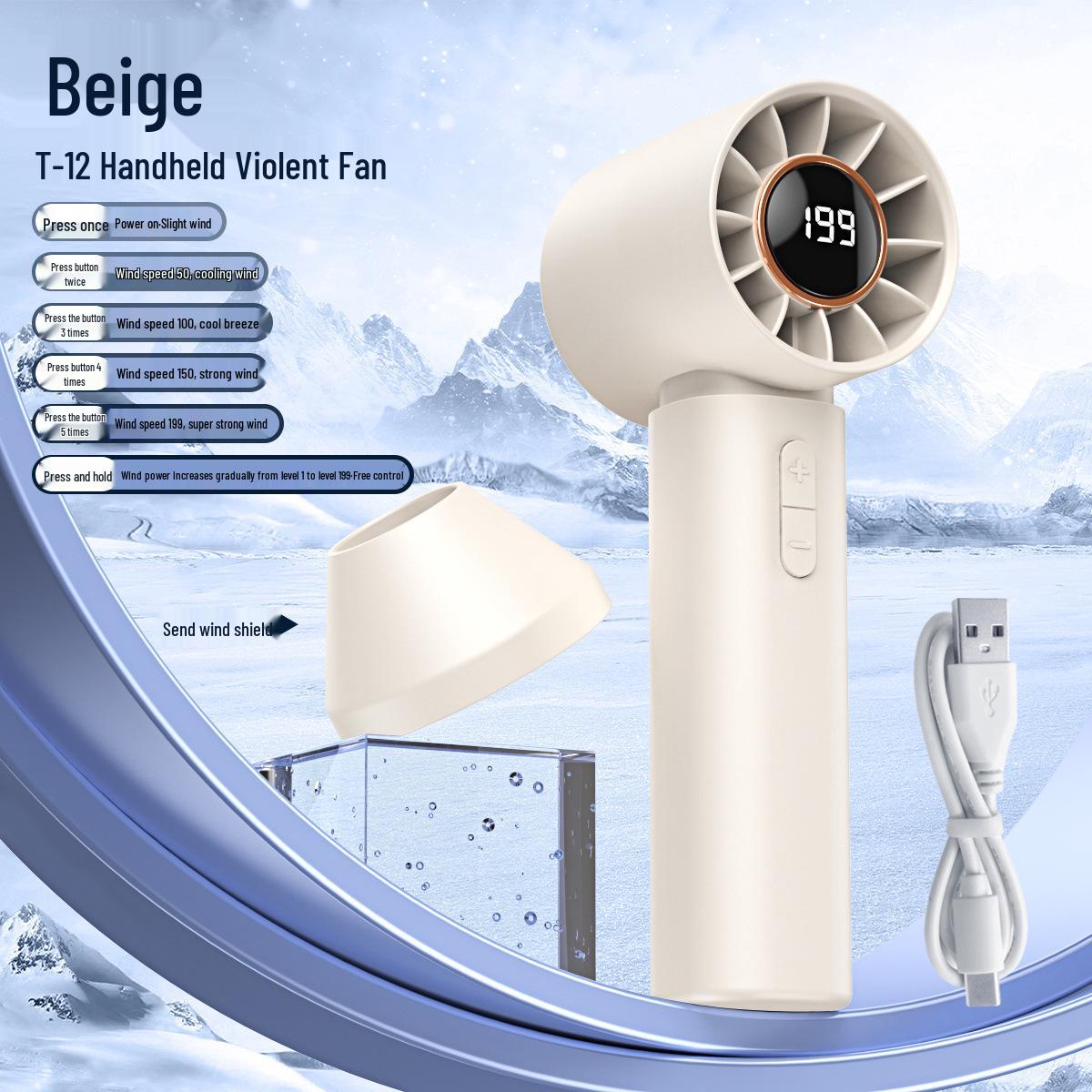 

Handheld Turbo Fan: High-Speed, Digital Display, 199 Gears, USB Rechargeable Compact Fan 6.5*5.5*16.5cm (English Color Box)