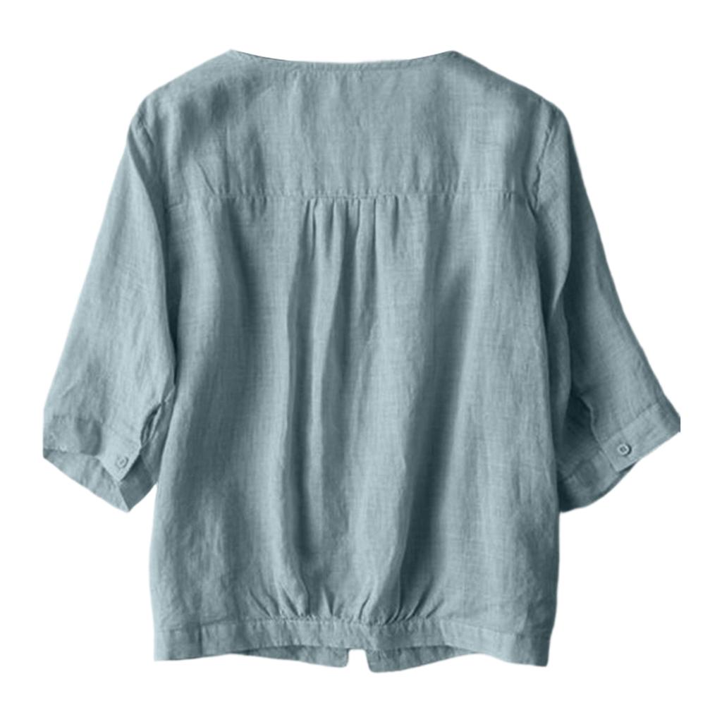 Leichte Retro-Bluse für Damen mit V-Ausschnitt, locker, aus Leinen-Baumwolle, mit Knöpfen