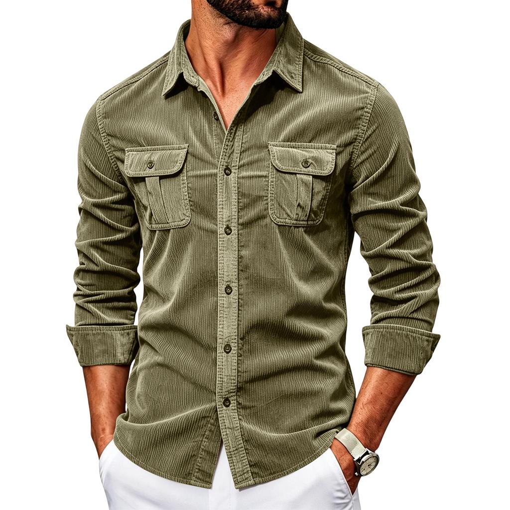 Men's Corduroy Shirt Slim Fit Long Sleeve Button Down Casual Business Shirt Two Chest Pockets Classic Collar Soft Fabric