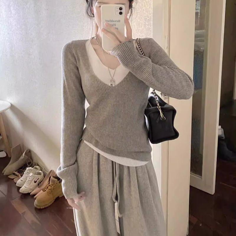 

Топ с V-образным вырезом, с отстрочкой, в корейском стиле, внутренний, базовый, имитация двух частей Grey M