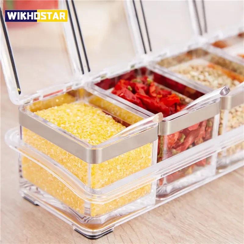 Pudełko na przyprawy z czterema przegródkami, kryształowy pojemnik do przechowywania z łyżeczką, pokrywką i podstawą do przechowywania, używane do soli, cukru i pieprzu