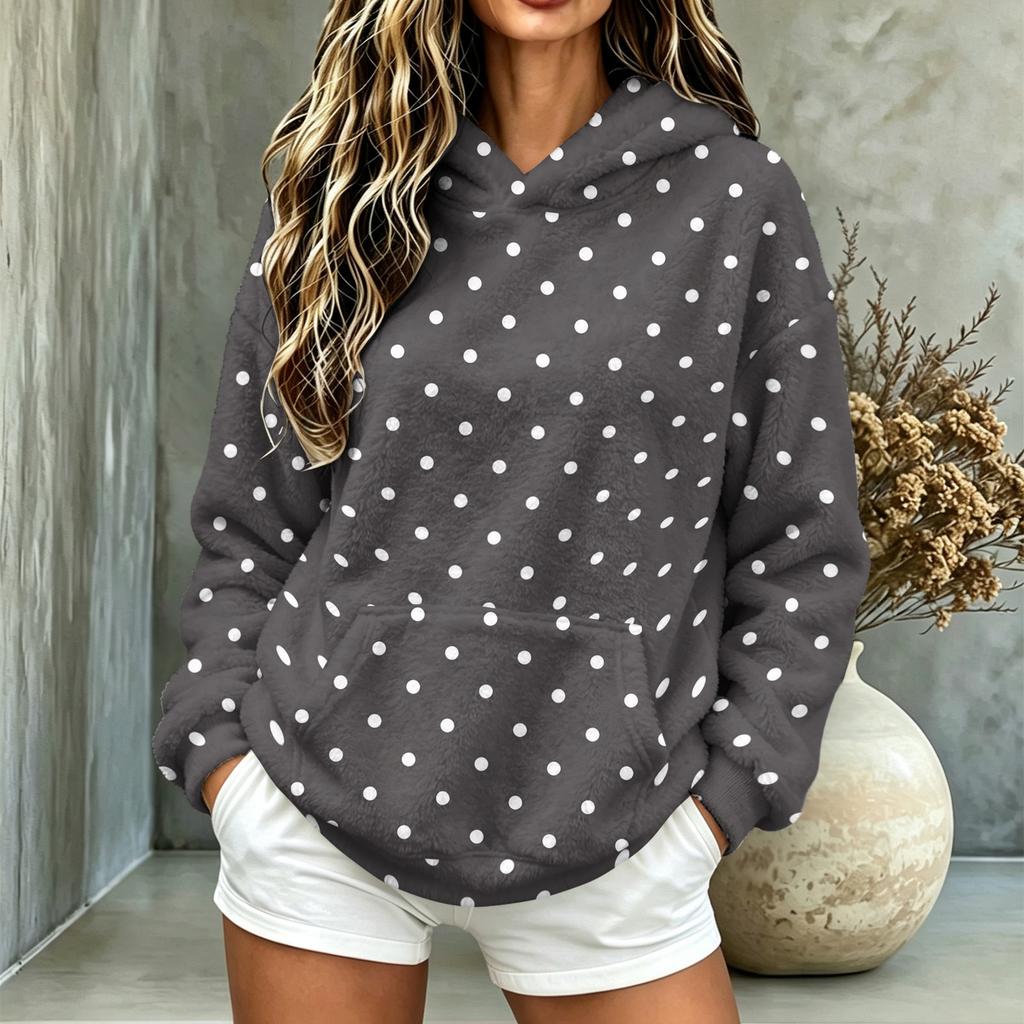 Women's Polka Dot Hooded Flannel Top, Long Sleeve Casual Pullover with Pockets for Fall and Winter