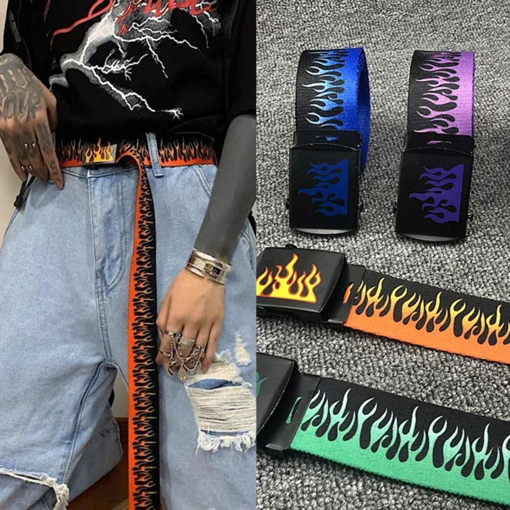 Wide Side Canvas Belt Automatic Buckle Men Waist Belt Elegant Flame Belt Ladies/Girls