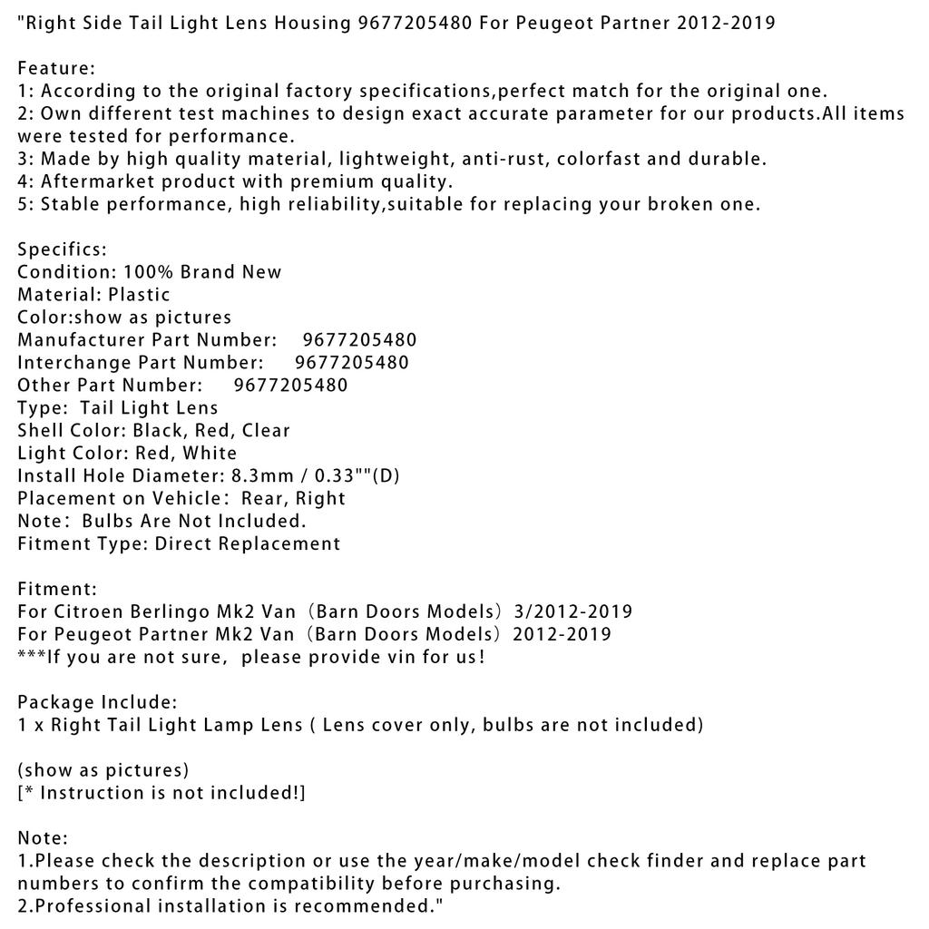 Right Side Tail Light Lens Housing 9677205480 For Peugeot Partner 2012-2019