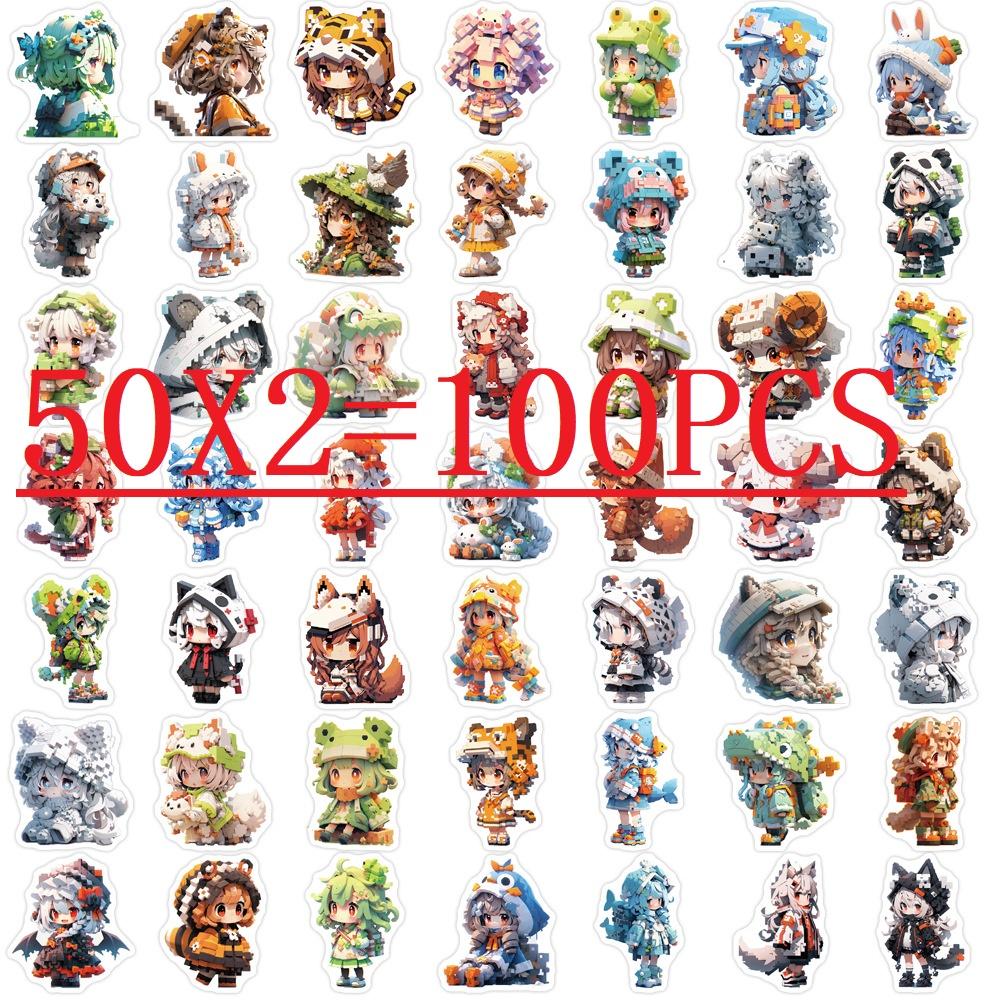

100PCS Pixel Girl Graffiti Stickers Waterproof DIY Decoration for Guitar Notebook Luggage Stationery Personalized Stickers