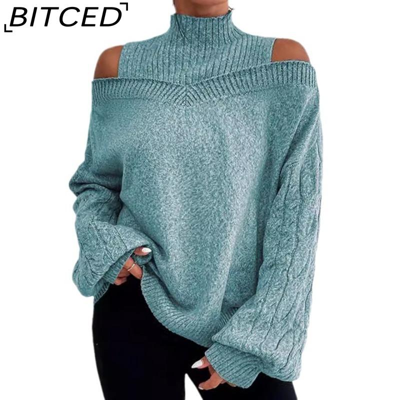 

BITCED Fall/Winter Off-Shoulder Half-High Neck Sweater for Women - Oversized Knit Top XXXXXL зелёный