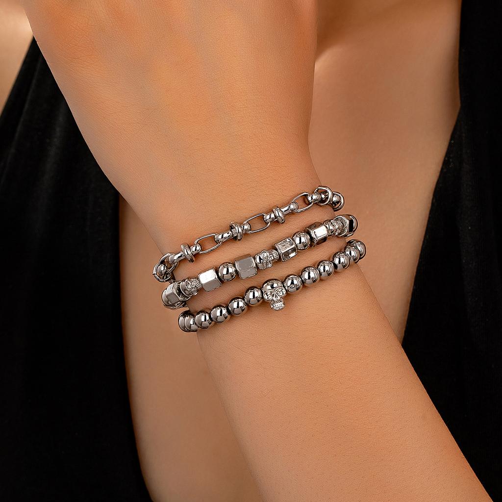 New Versatile Handmade Beaded Bead Bracelet Set, Temperament Skull Elastic Bracelet