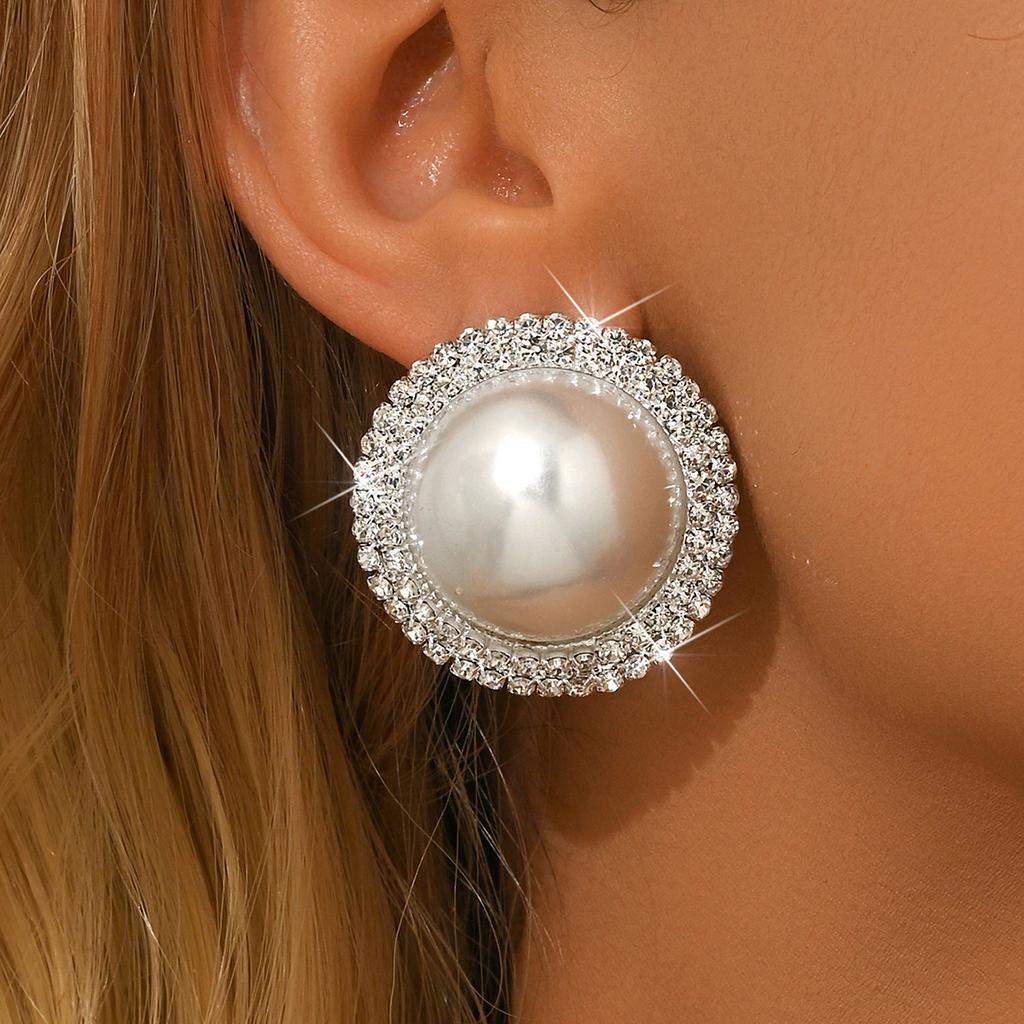 Exaggerated Round Pearl Stud Earrings, Luxurious And High-End Temperament, Fashionable Diamond-Set Style And Thin Earrings, Women'S Trend
