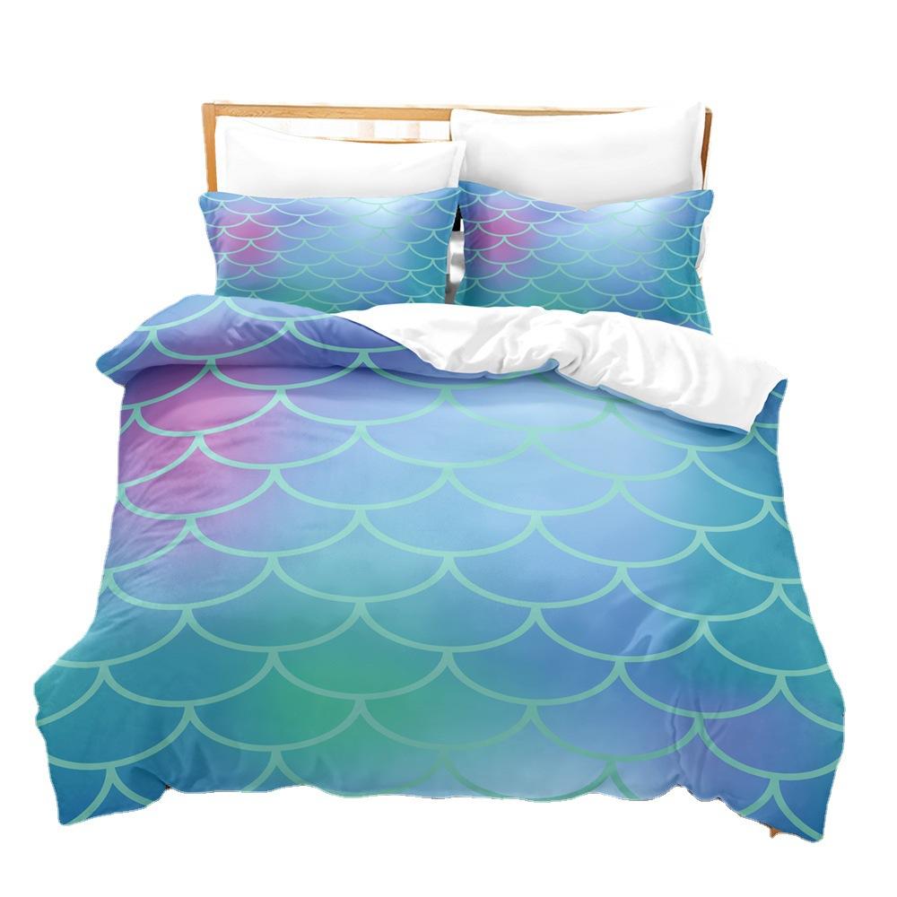 Laser Gradual Change Fish Scale 3D Digital Printing Three-Piece Set, Quilt Cover Pillowcase Home Textile Bed Sheet Kit