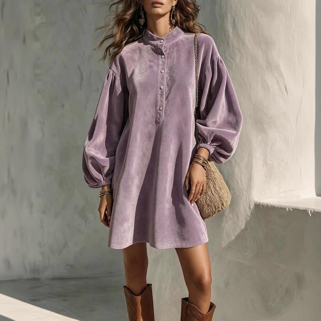 Women's Color Button Front Dress with Sleeves and Stand Collar for Casual Wear