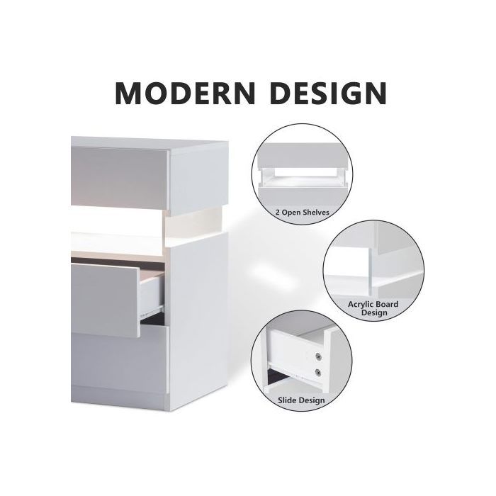 Table de chevet LED - MUVOE - 3 tiroirs - Panneau acrylique - Éclairage multicolore - Blanc