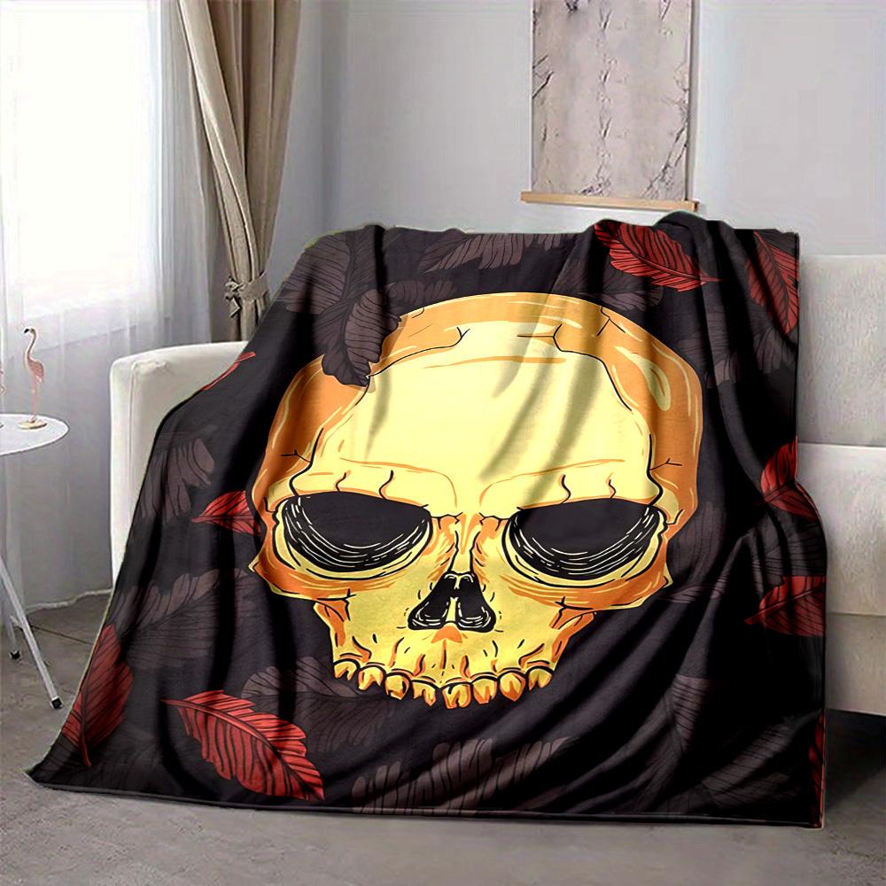 1PC Skull, Leaves Print Blanket, Soft Throw Blanket - Warm & Cozy for Couch, Bed, Office, and Travel Yy250912209