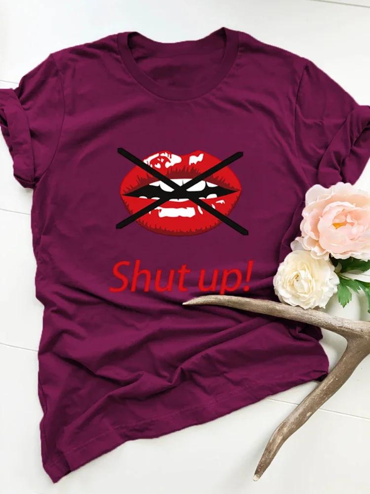 Shut Up Red Lip Print Women T Shirt Short Sleeve O Neck Loose Women Tshirt Ladies Tee Shirt Tops Clothes Camisetas Mujer