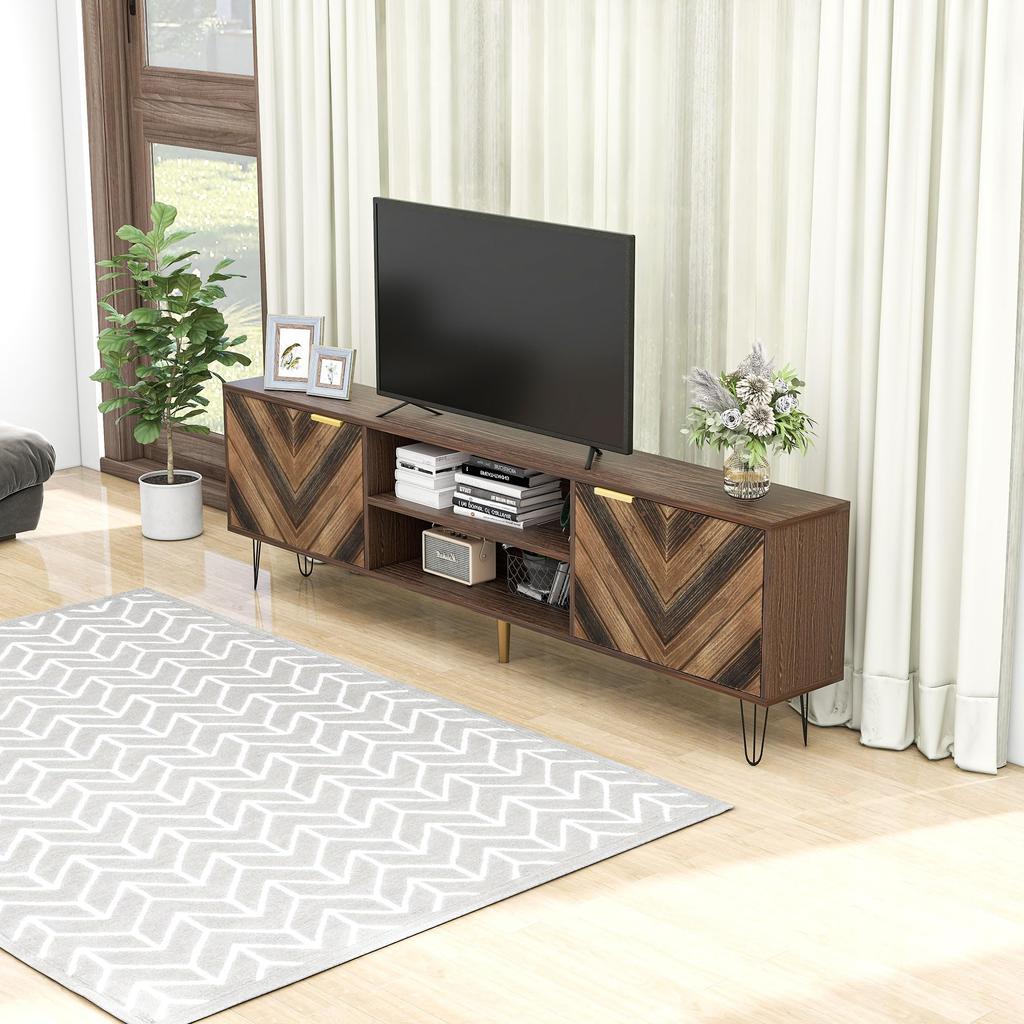 TV-Schrank, Lowboard mit 2 Türen aus Massivholzfurnier, goldene Griffe, Eisenfüße, 2 Fächer, Stauraum für TV & Zubehör, elegante Holzmaserung
