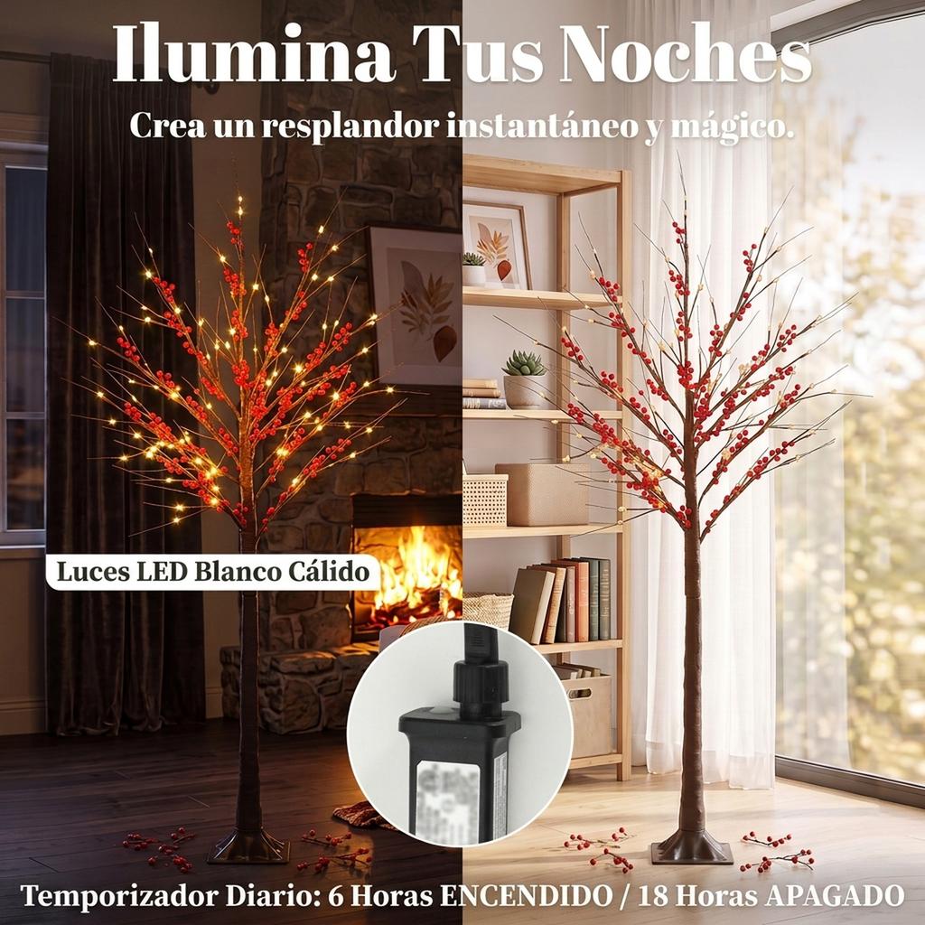 Artificial Birch Tree 150 cm with 96 Warm White LED Lights Red Berries Timer and 12 Flexible Brown Branches