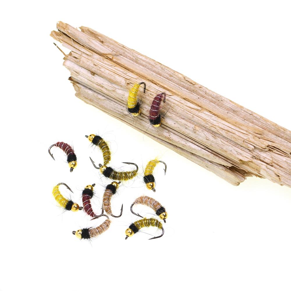 6/8 STÜCKE 2 Größen Perlenkopf Köcherfliegenlarve Nymphe Fliege Realistische Bachflohkrebs Insekt Wurm für Forellen Äschen Angelköder (Widerhakenhaken, Schnell sinkend)