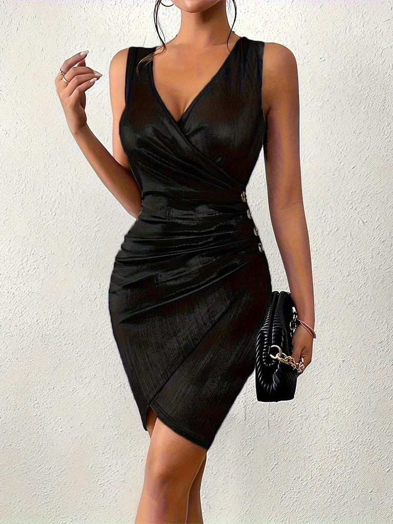 Foreign trade new sexy hip wrap fashion V-neck casual color matching button solid color metal pleated tight dress