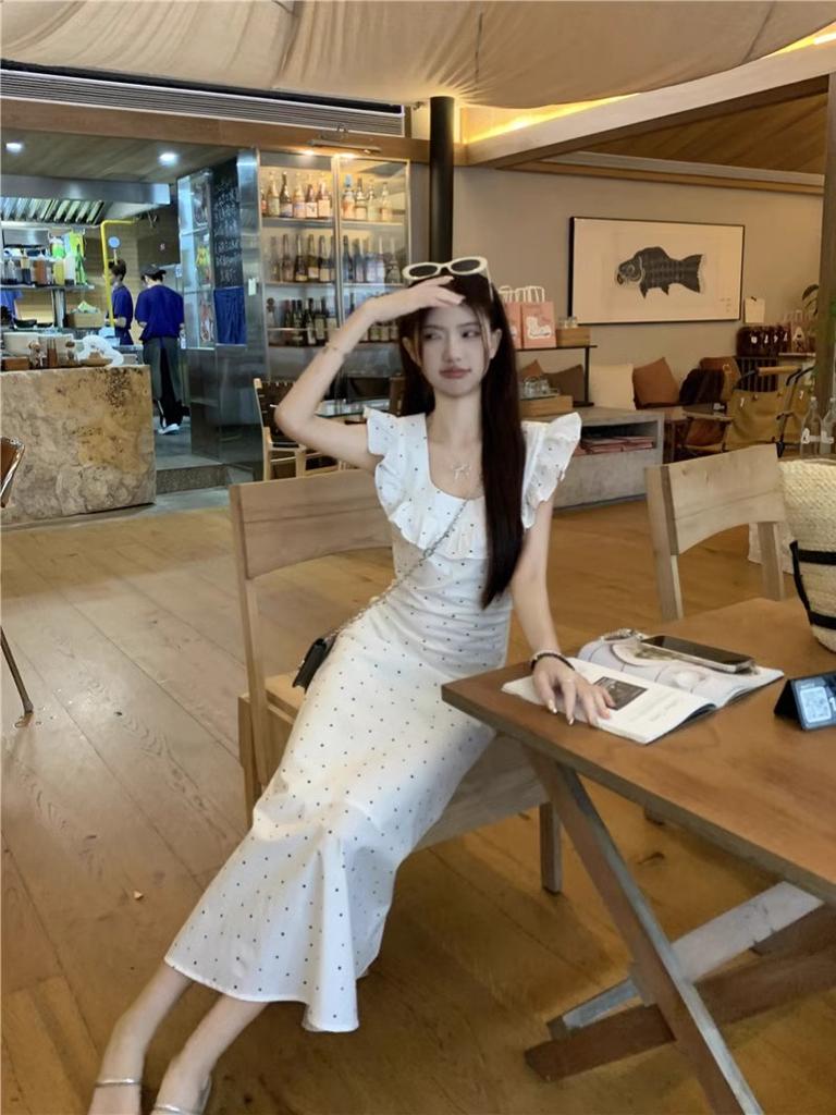 French white polka dot small flying sleeve vest dress women's summer ruffle edge waist skirt temperament vacation dress