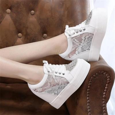 Women Sneakers Wedding Rhinestone Casual Platform Trainers White Mesh Shoes 11CM Heels Breathable Woman Height Increasing Shoes
