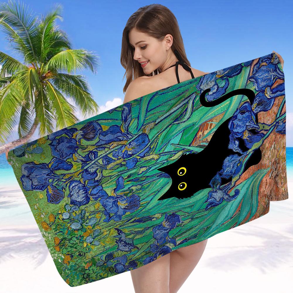 Schwarze Katze Kunst Ölgemälde Handtuch Mikrofaser Strandhandtuch Saugfähig Schnell trocknend Weich Yoga Schwimmen Resort Bergsteigen Handtuch