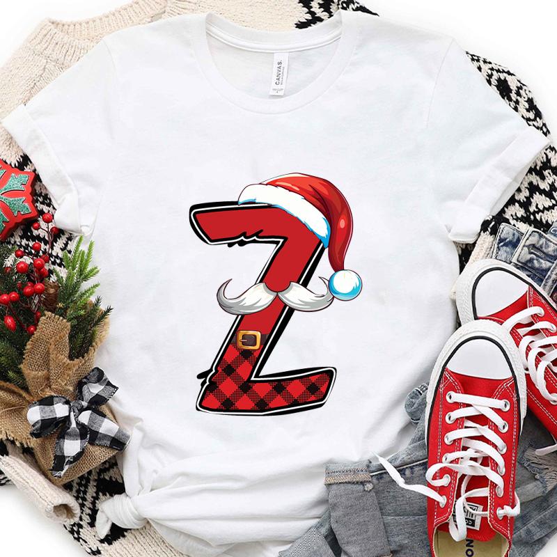 

Womens Christmas Alphabet Tshirt AZ Letter Print Graphic Tee Female Clothing Santa Holiday Party Casual Fashion Top for Xmas 4XL