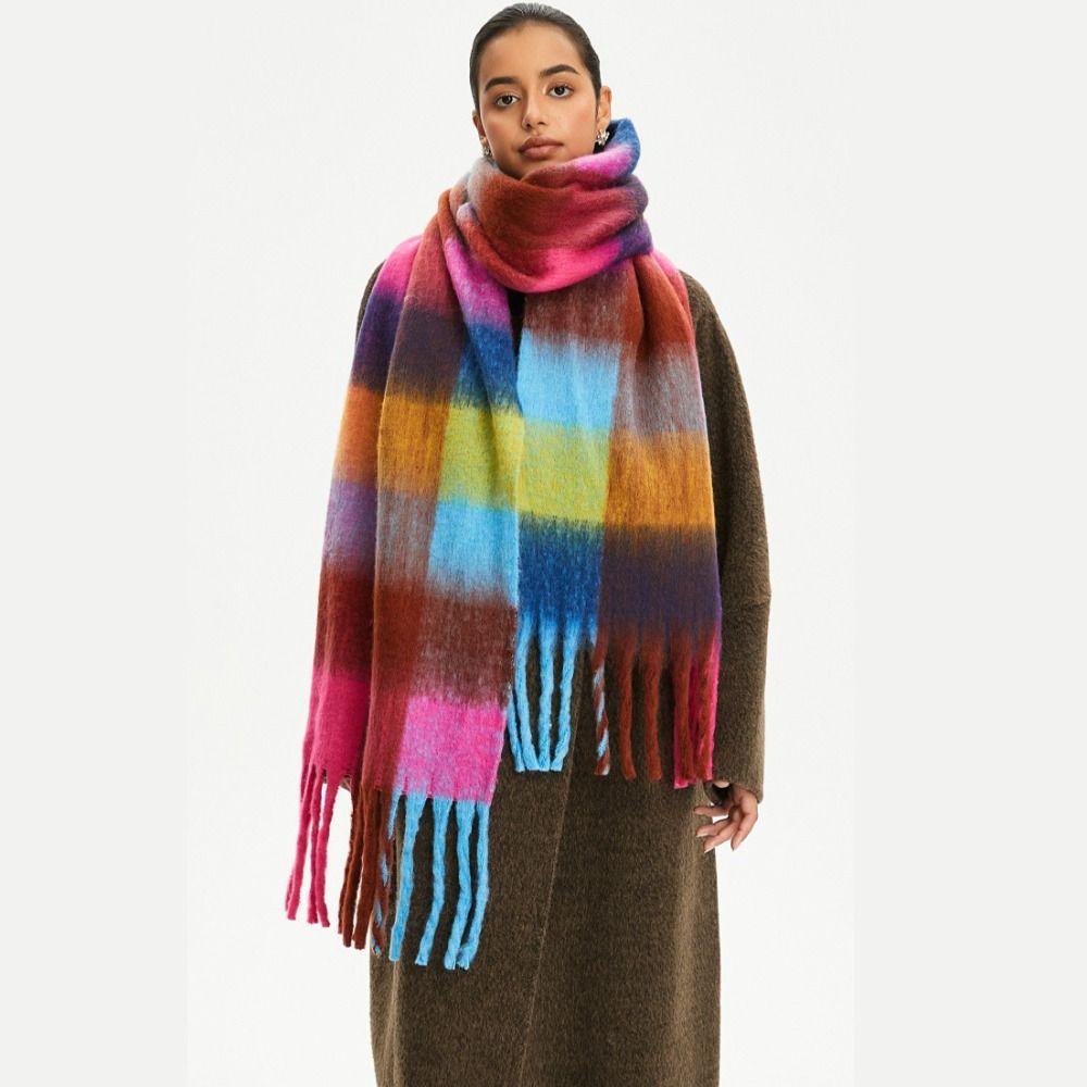 Plush Rainbow Tassel Shawl Long Winter Cashmere Scarves Elegant Warm Wraps Girl