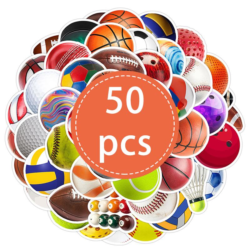 

50PCS Mixed Sports Stickers Set - Basketball Baseball Football Volleyball Soccer Waterproof Vinyl Decals for Decorative Use
