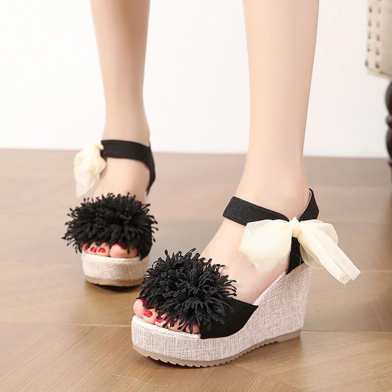 Fashion Sandals Women's Floral Pattern Bowknot Decor Platform Wedge Espadrilles Platform Bow High Heels Women's Slippers Shoes