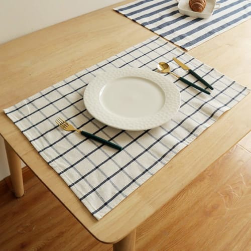 100% Cotton Placemats, Stylish, Scandinavian, Western-Style, Restaurant-Style, Non-Slip, Friction-Resistant, Gorgeous Blue Gingham Stripe Pattern, Mac