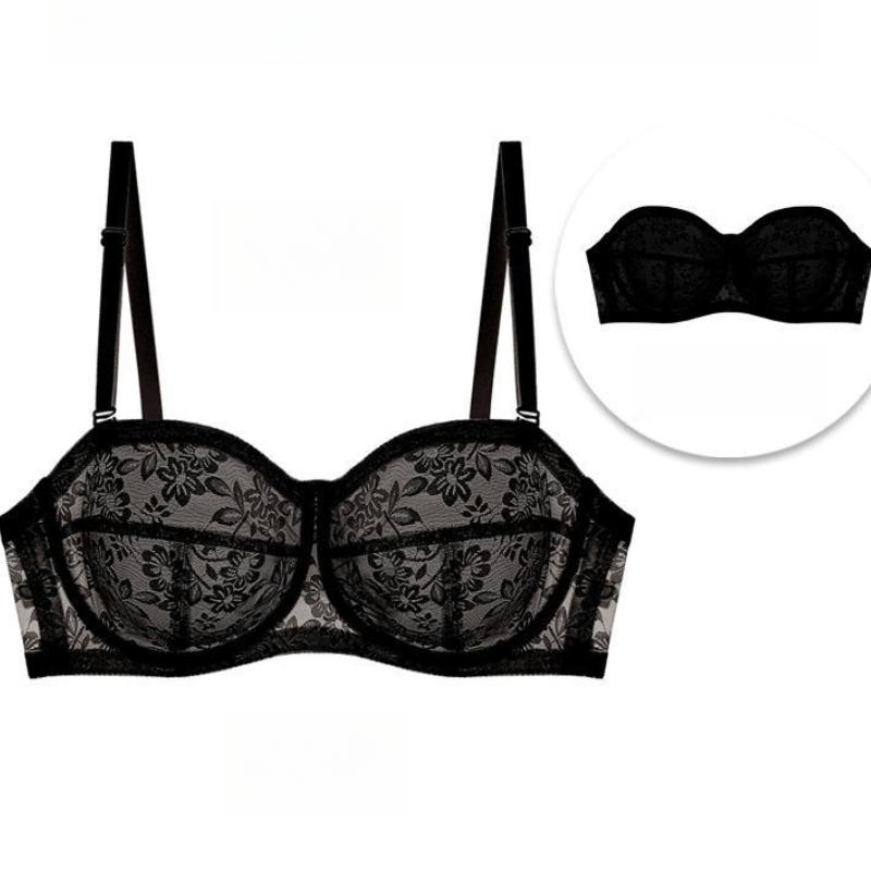 

Женский сексуальный кружевной бюстгальтер без бретелек на косточках пуш-ап XL чёрный