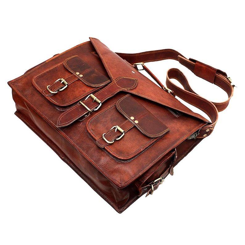 Unisex Handgemachte Tasche, Vintage Echtleder Tasche, Laptop Business Tasche Handgemacht Satchel Schultergurt Büro Schule Reise Messenger Bag