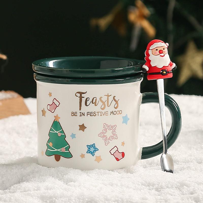 Christmas Ceramic Cup Souvenir Mug Creative Gift Box with Lid Spoon Couple Water Cup Christmas Gift Cup