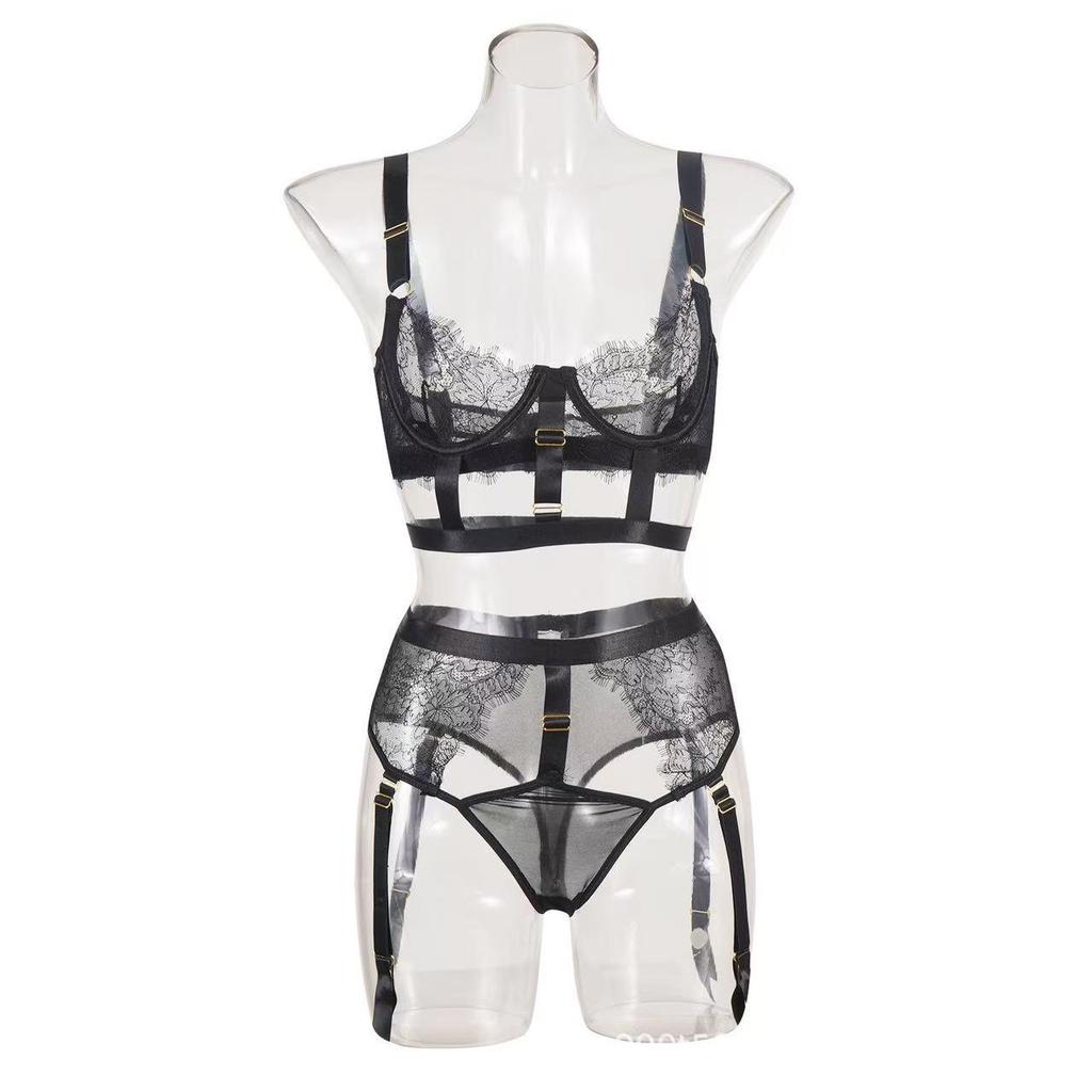 Lace Underwire Sexy Three-Piece Lingerie Set with Slit