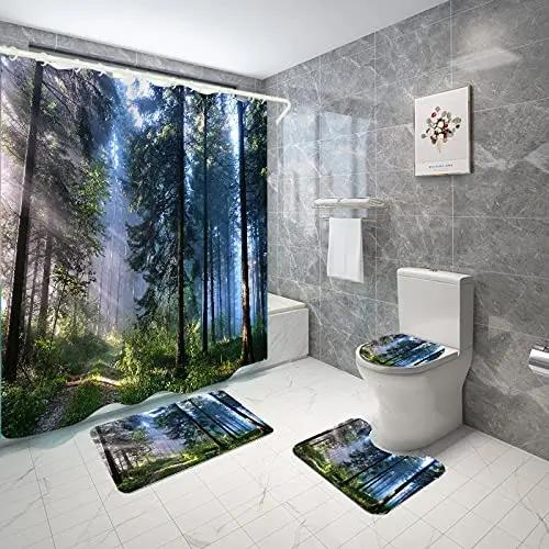 Forest Shower Curtain Set Non-Slip Rug Toilet Lid Cover Bath Mat Maple Leaf Bathroom Curtain Waterproof Natural Scenery Curtains