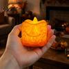 Hollow Relief Pumpkin Light Halloween LED Candle, Flameless Electronic Tealight, Embossed Resin Lantern, Portable Night Spooky Table Decor for Indoor