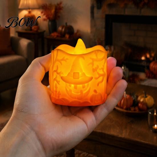 Hollow Relief Pumpkin Light Halloween LED Candle, Flameless Electronic Tealight, Embossed Resin Lantern, Portable Night Spooky Table Decor for Indoor