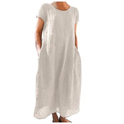 Women's Casual Solid Color Short Sleeved Round Neck Loose Pocket Dress