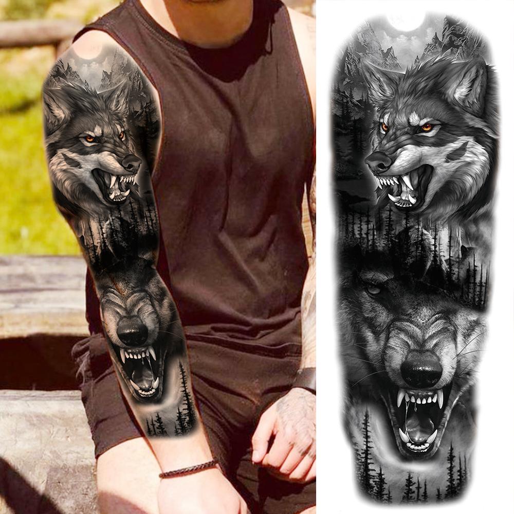 1 Sheet Long Sleeve Temporary Tattoos For Men Women Flower Skull Lion Wolf Tiger Nun Fox Compass Tattoo Sticker Body Art Arm Leg