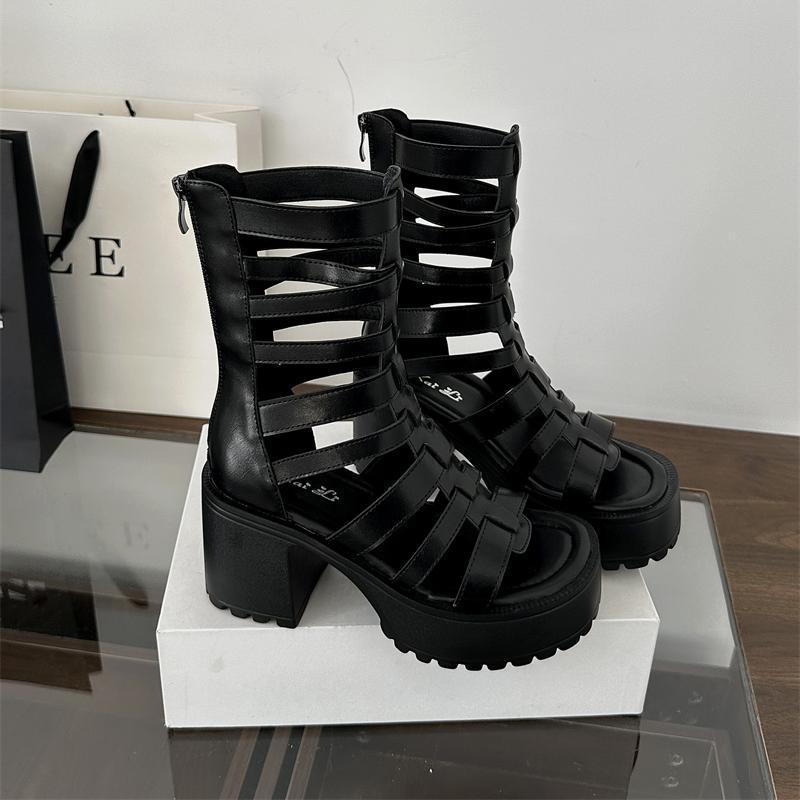 2025 Korean Version Summer Thin Sexy Roman Sandals Women Cool Feeling Black High Top Thick Sole High Heel Fashion Cool Boots Women