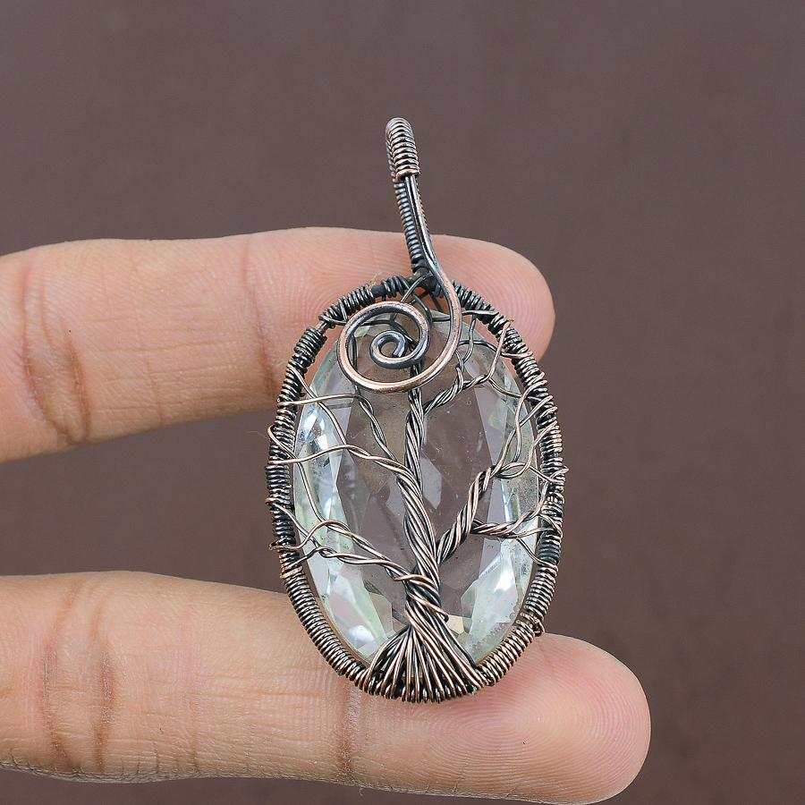 Natural Tree Of Life White Topaz Gemstone Copper Wire Wrap Pendant 2.36" B2S87